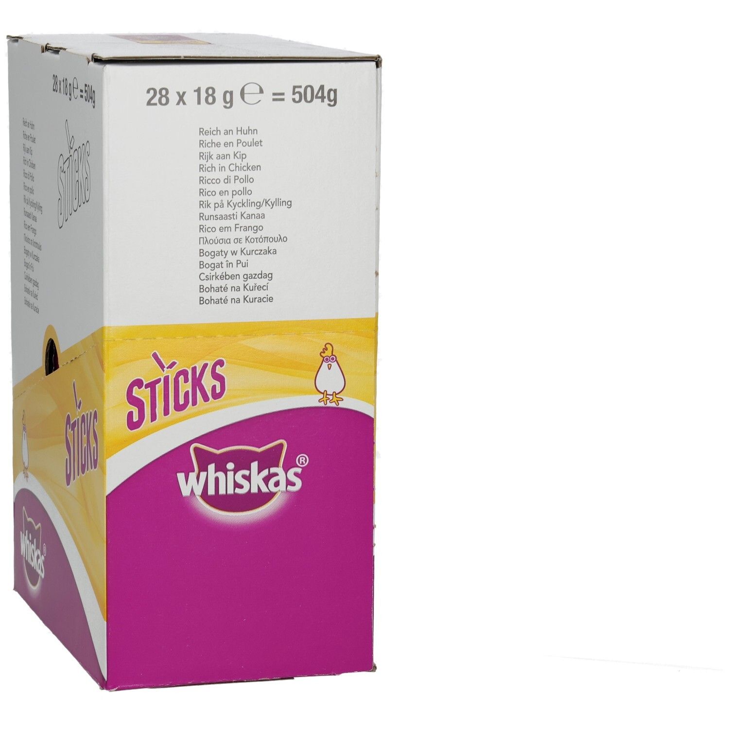 Whiskas Sticks Hühnchen-Großpackung, 28x18g, schräge Ansicht.