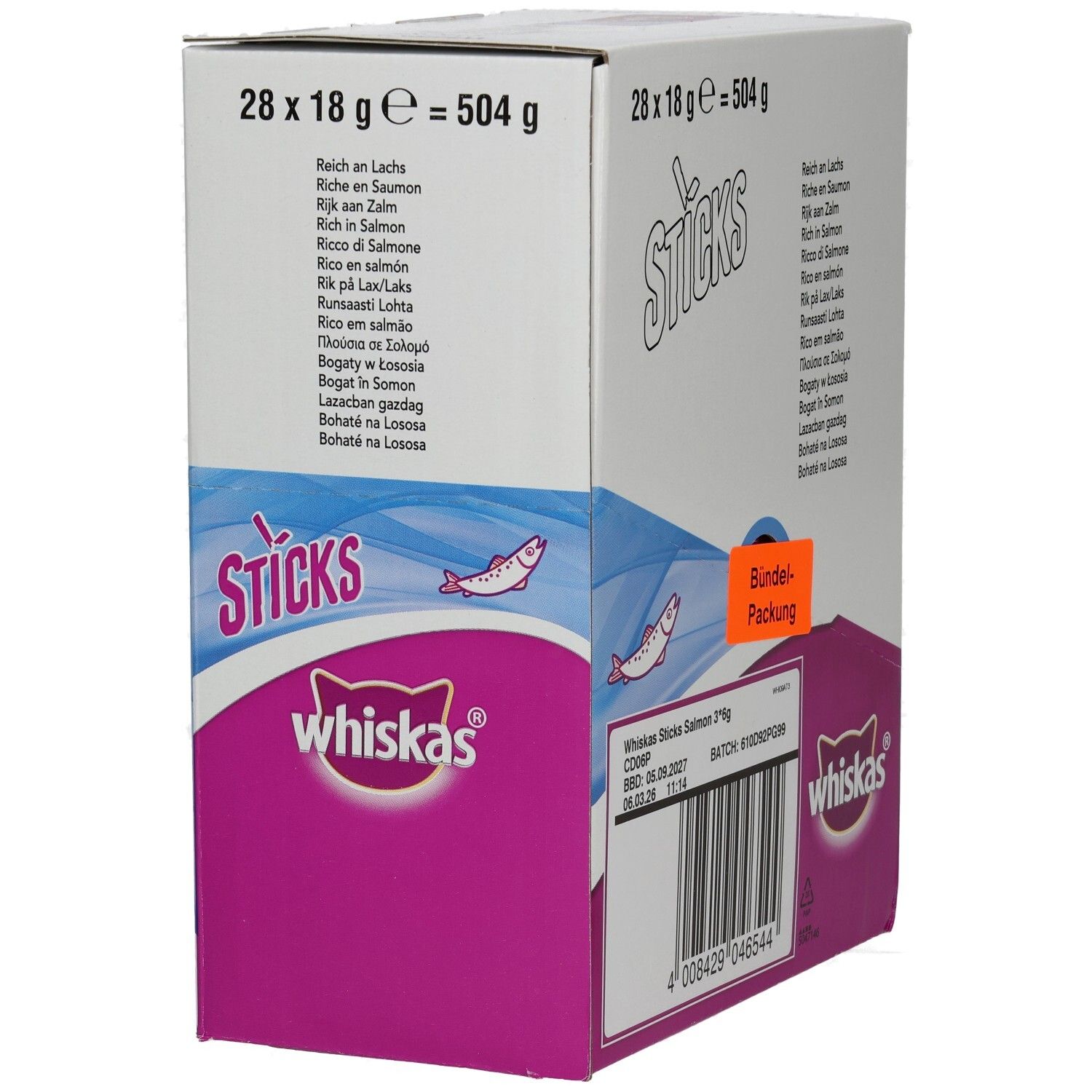 Whiskas Sticks mit Lachs: Kartonverpackung mit 28 Einzelpackungen, 504g.