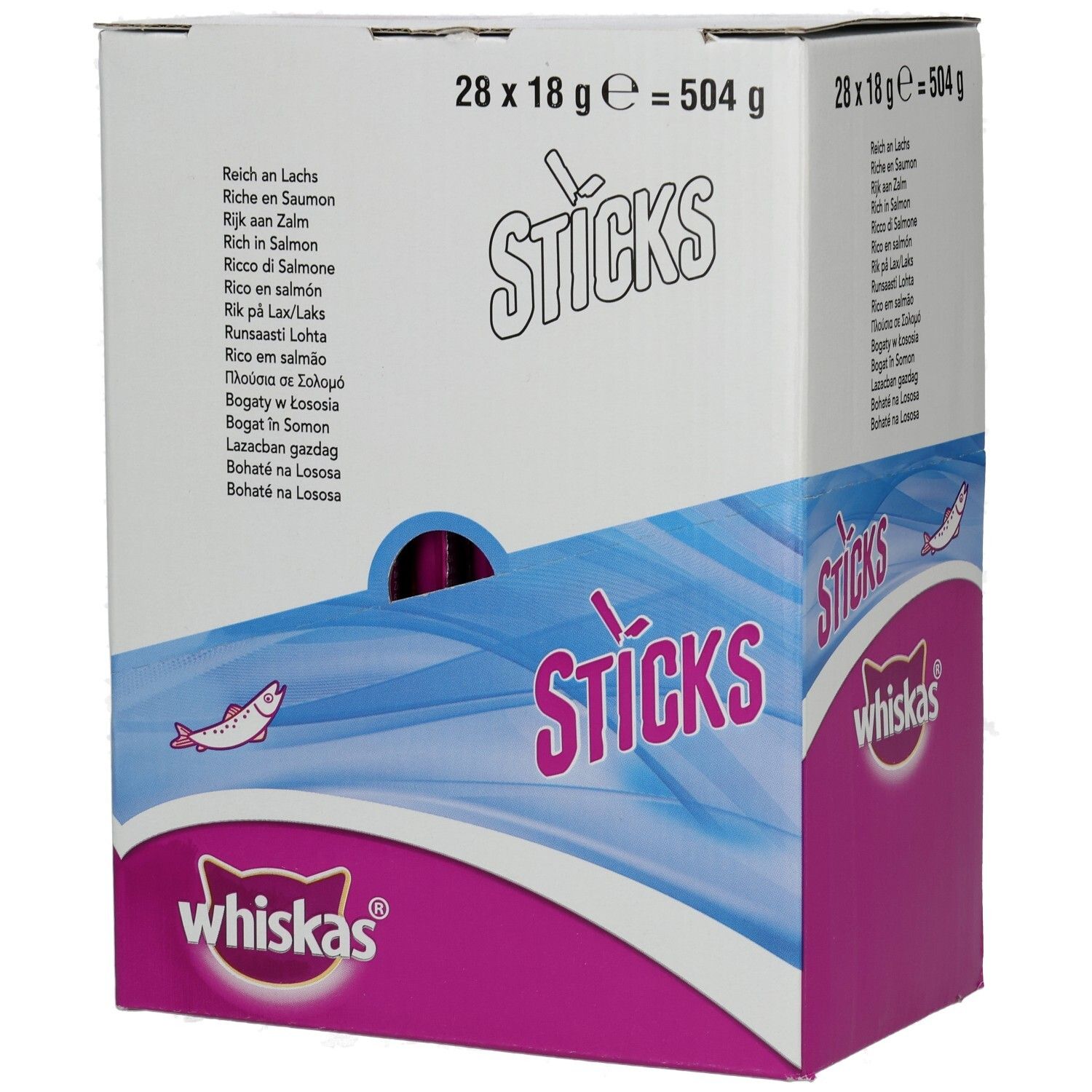 Whiskas Sticks mit Lachs: Kartonverpackung mit 28 Einzelpackungen, 504g.