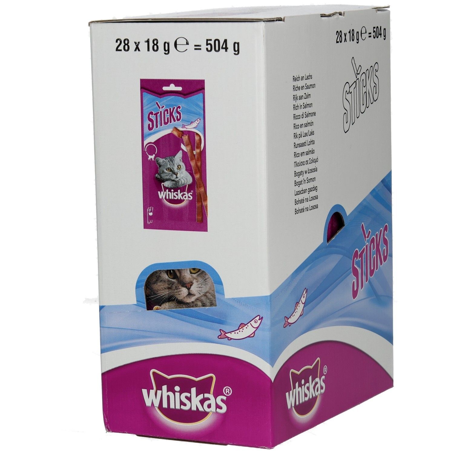 Whiskas Sticks mit Lachs: Kartonverpackung mit 28 Einzelpackungen, 504g, mit Sichtfenster.