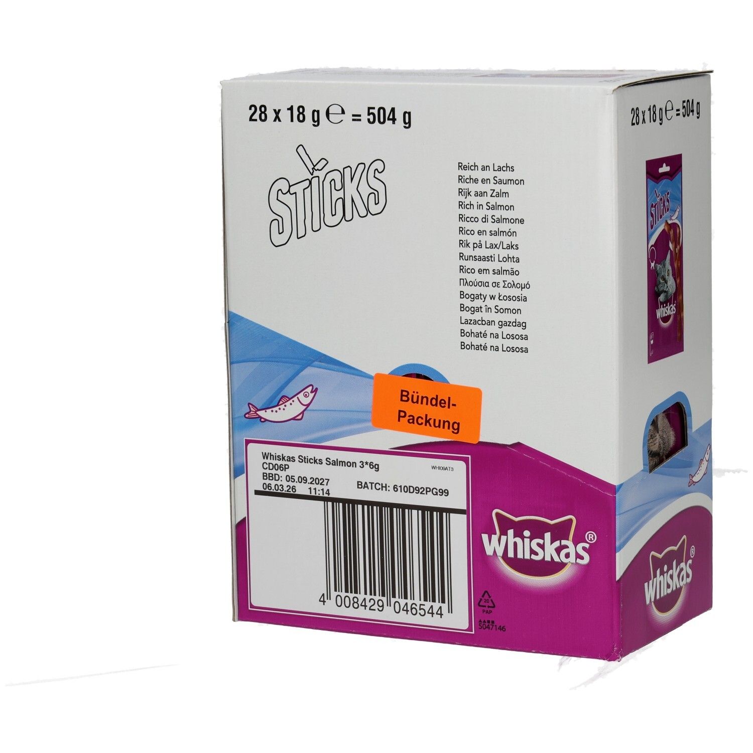 Whiskas Sticks mit Lachs: Kartonverpackung mit 28 Einzelpackungen, 504g.
