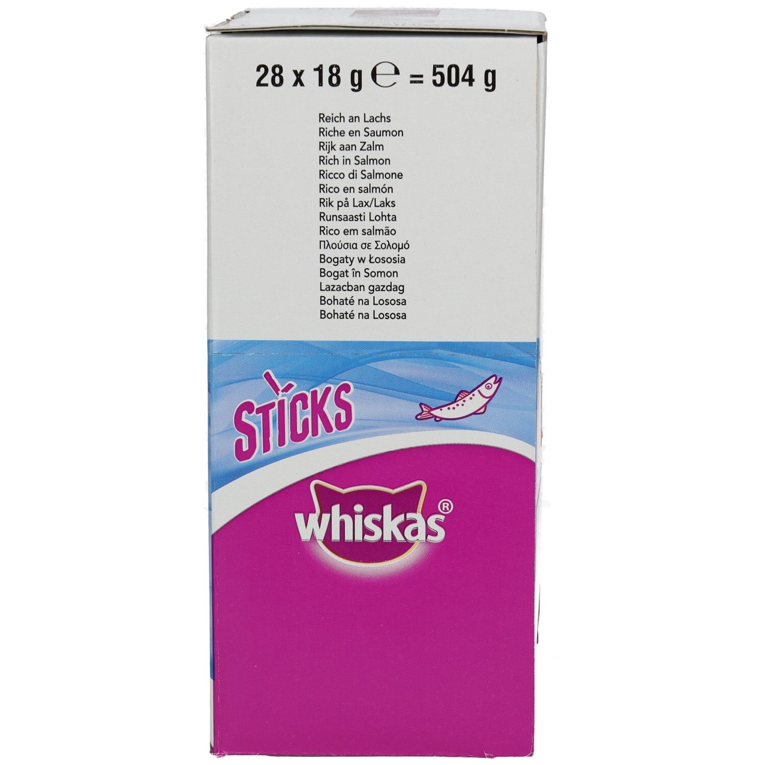Whiskas Sticks mit Lachs: Kartonverpackung mit 28 Einzelpackungen, 504g.