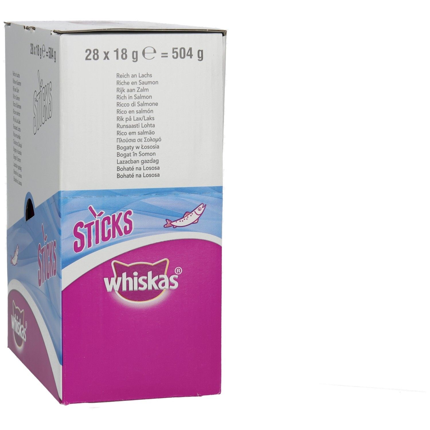 Whiskas Sticks mit Lachs: Kartonverpackung mit 28 Einzelpackungen, 504g.
