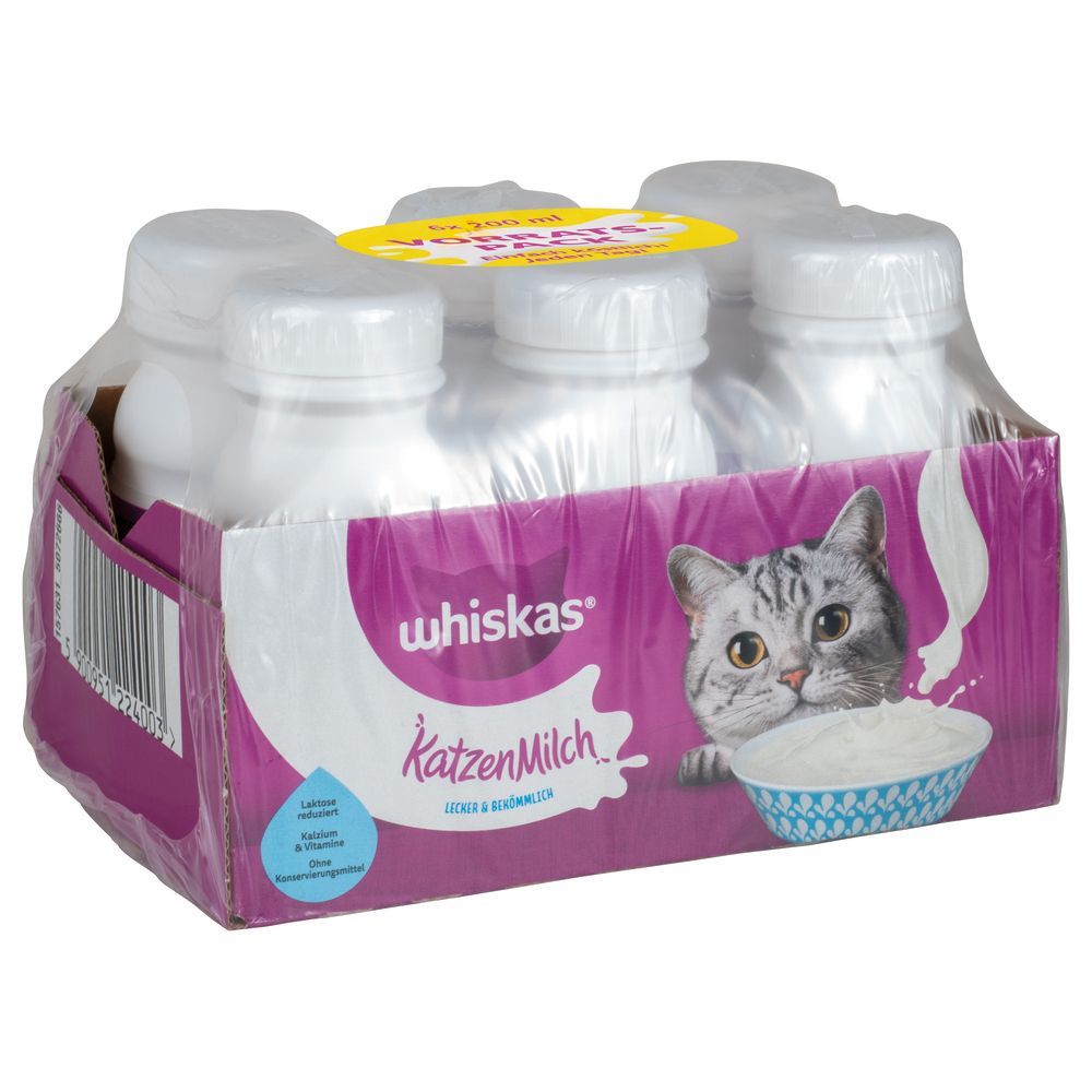 Whiskas Katzenmilch 6er Packung mit sechs Flaschen, laktosereduziert und vitaminisiert.
