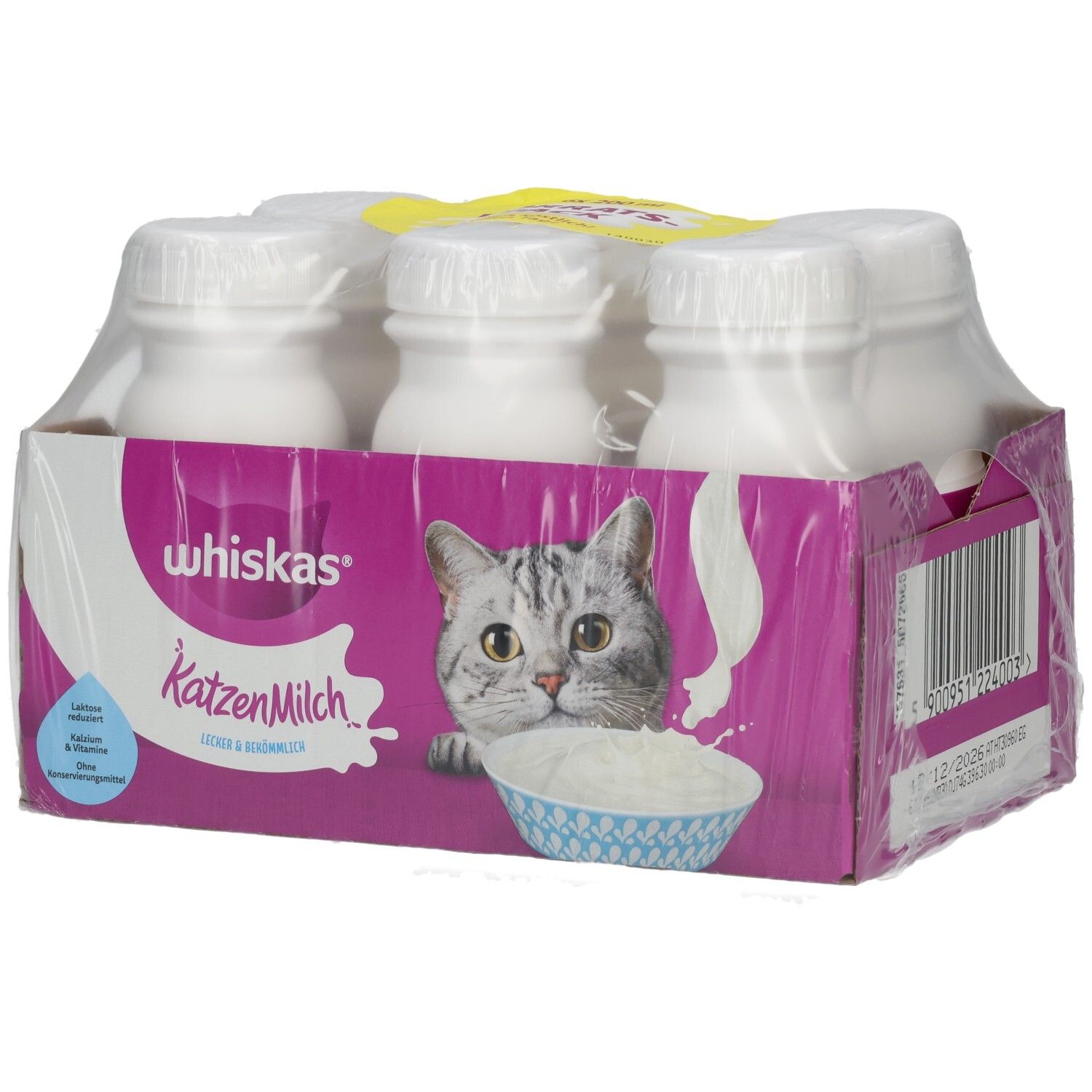 Whiskas Katzenmilch 6er Packung mit sechs Flaschen, laktosereduziert und vitaminisiert.