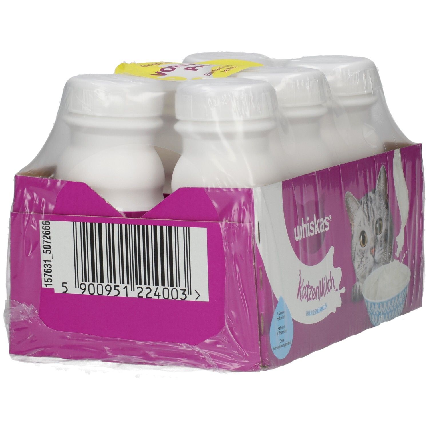 Whiskas Katzenmilch 6er Packung mit sechs Flaschen, laktosereduziert und vitaminisiert.
