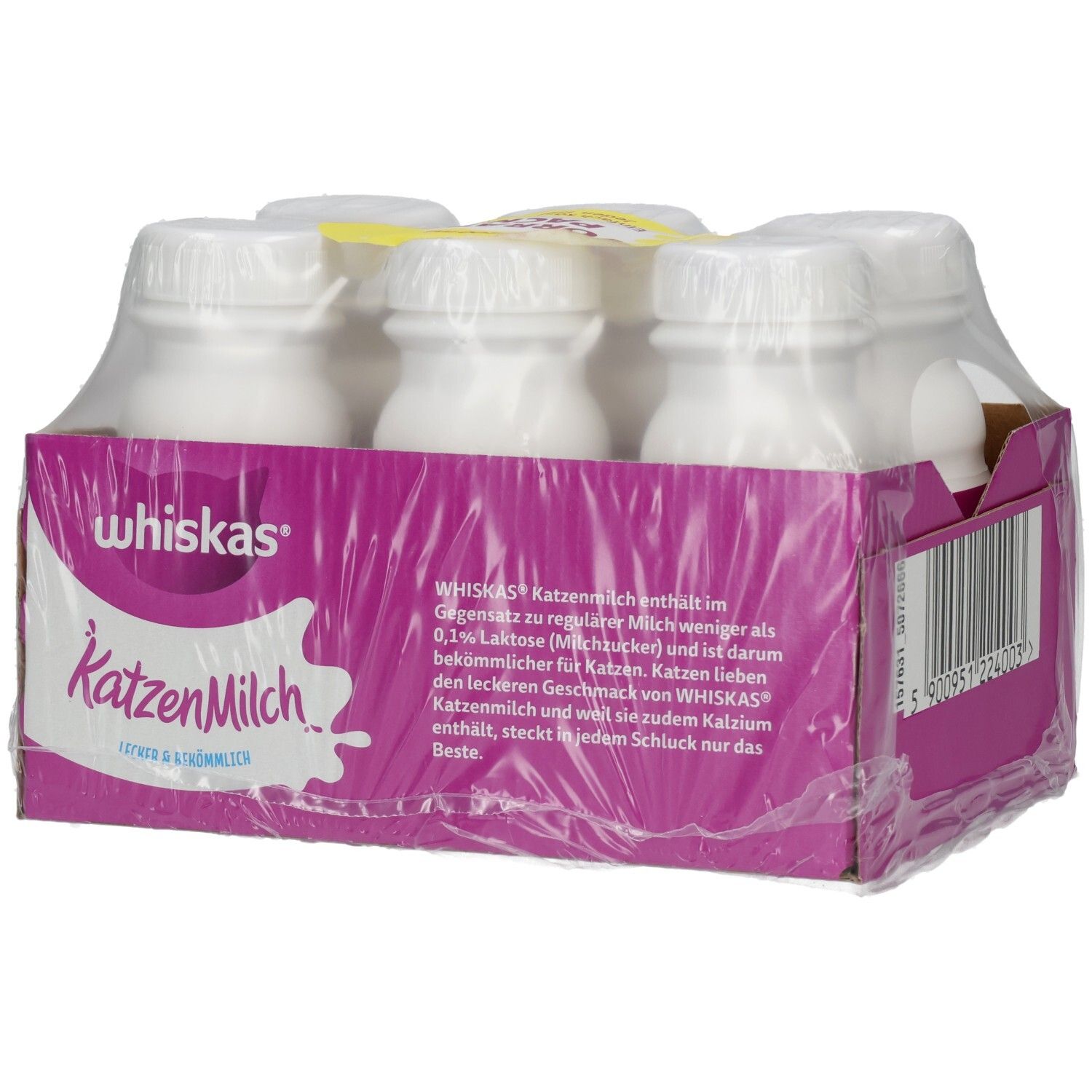 Whiskas Katzenmilch 6er Packung mit sechs Flaschen, laktosereduziert und vitaminisiert.