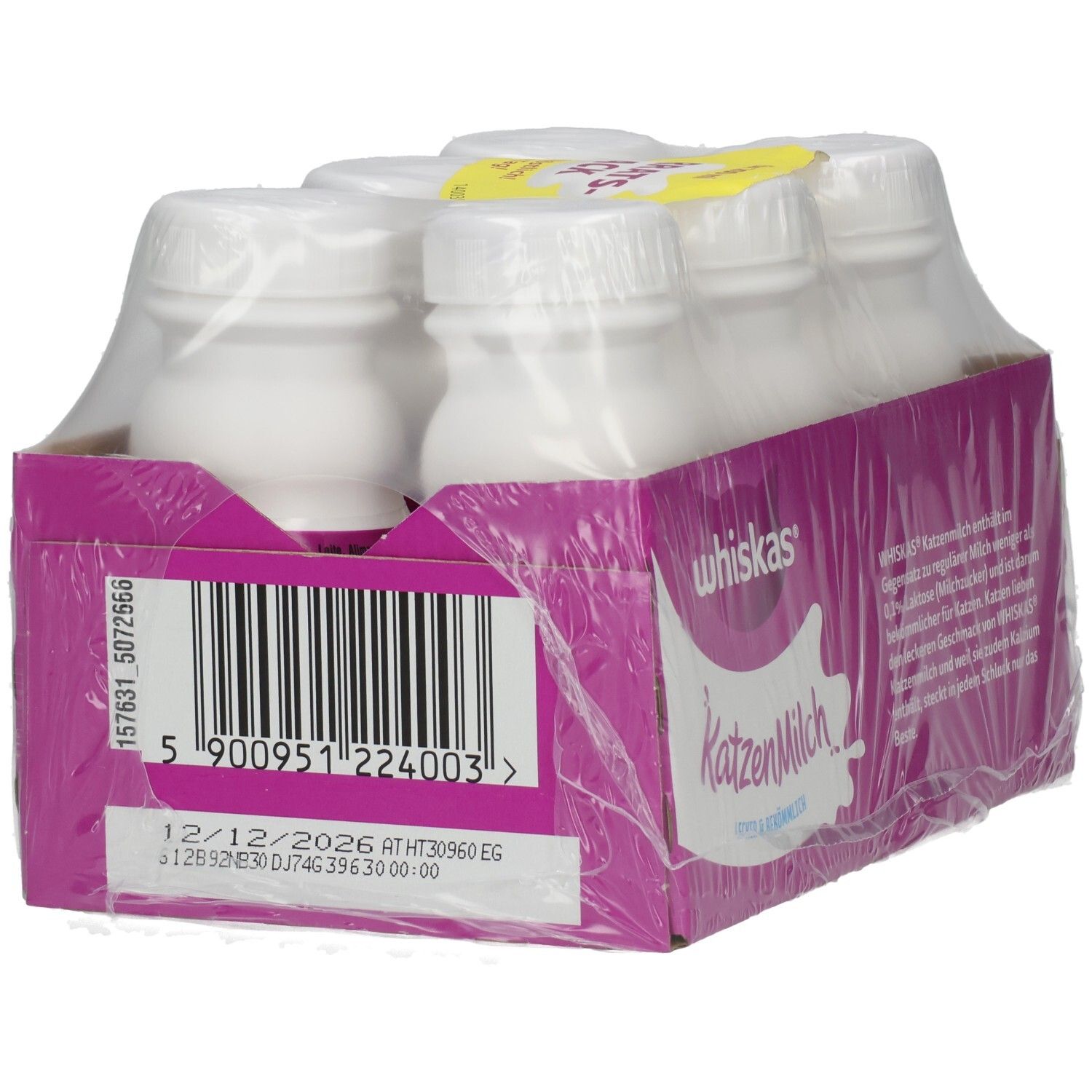 Whiskas Katzenmilch 6er Packung mit sechs Flaschen, laktosereduziert und vitaminisiert.