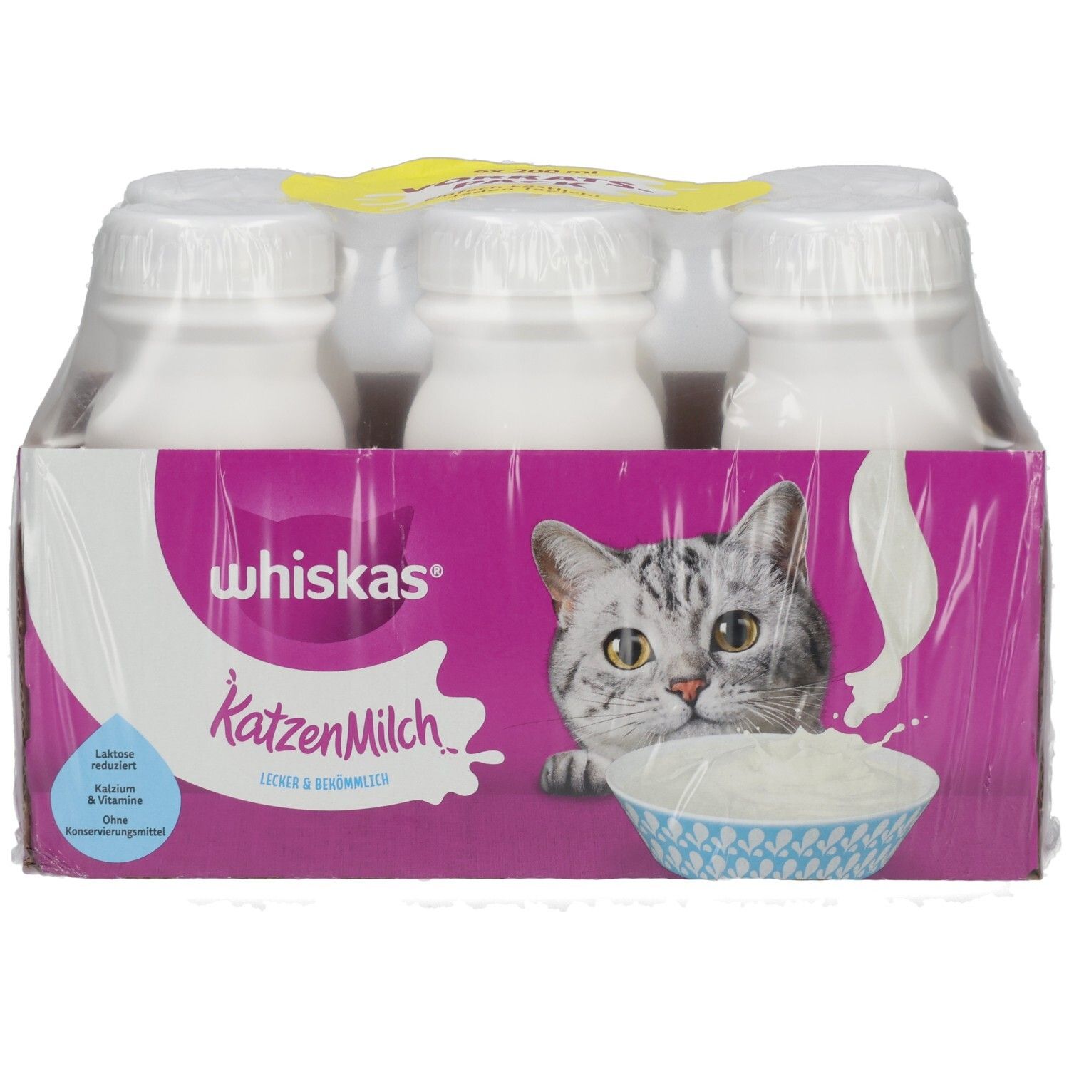 Whiskas Katzenmilch 6er Packung mit sechs Flaschen, laktosereduziert und vitaminisiert.