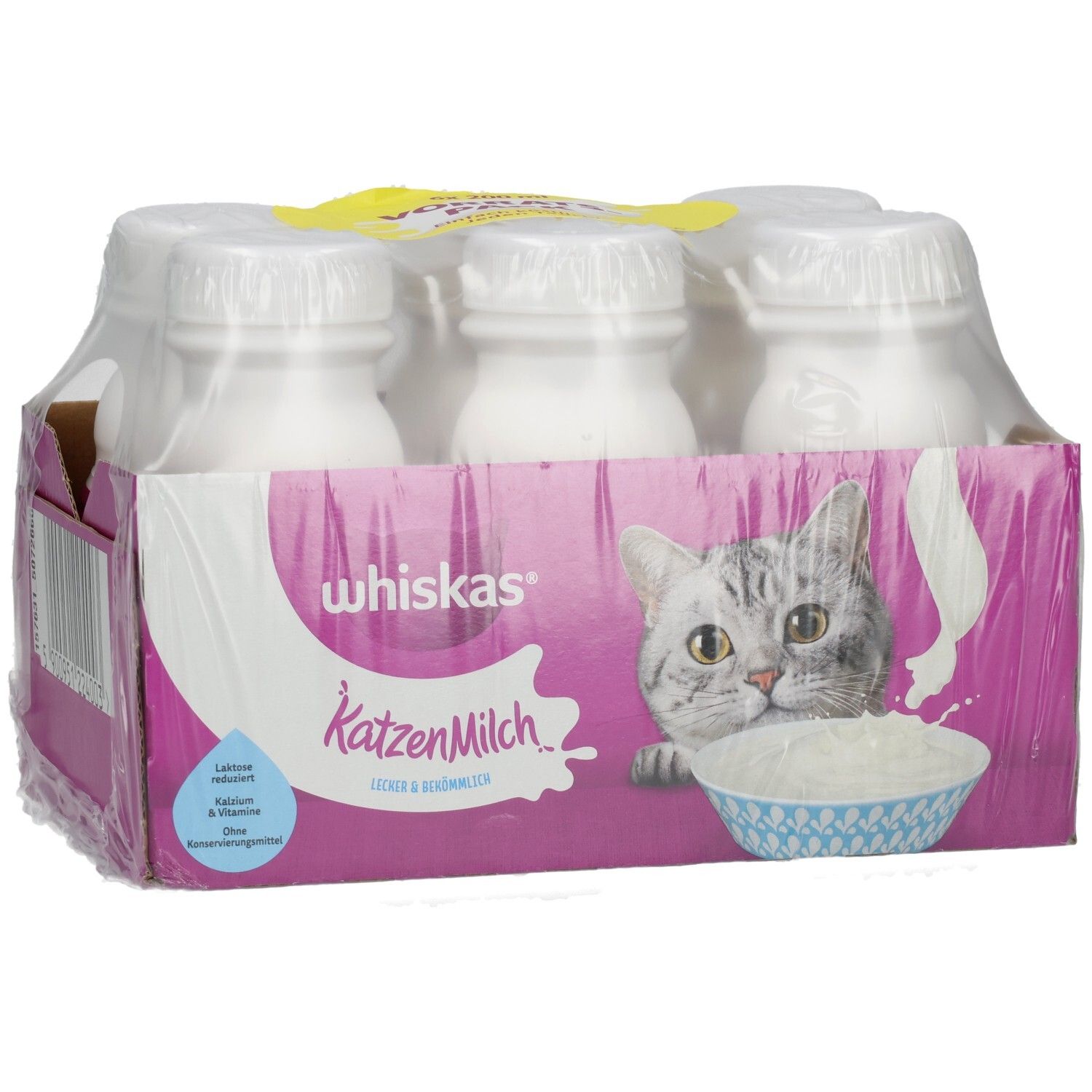 Whiskas Katzenmilch 6er Packung mit sechs Flaschen, laktosereduziert und vitaminisiert.