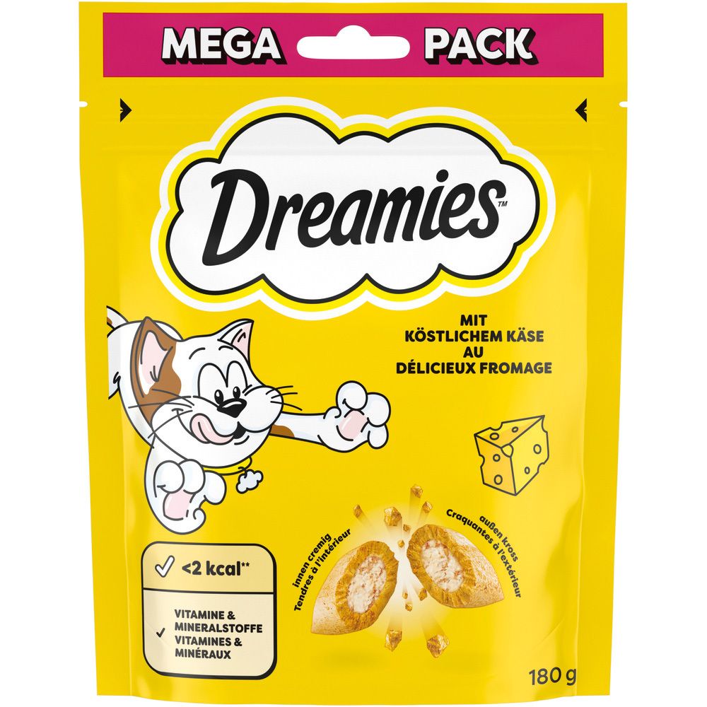 Dreamies Mega Pack Katzenfutter mit Käsegeschmack, 180g Beutel mit Comic-Katze und Snack-Abbildung.