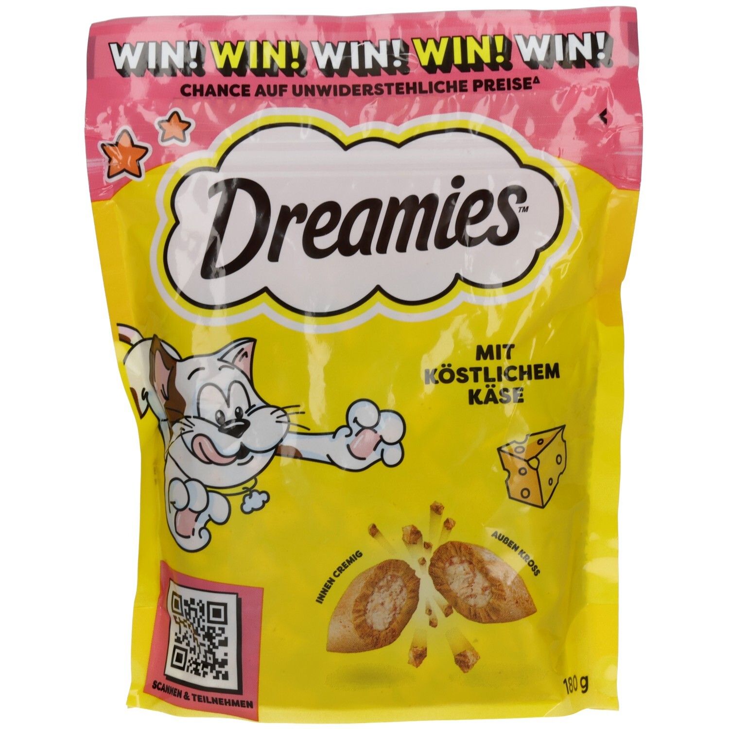 Dreamies Mega Pack Katzenfutter mit Käsegeschmack, 180g Beutel mit Comic-Katze und QR-Code.
