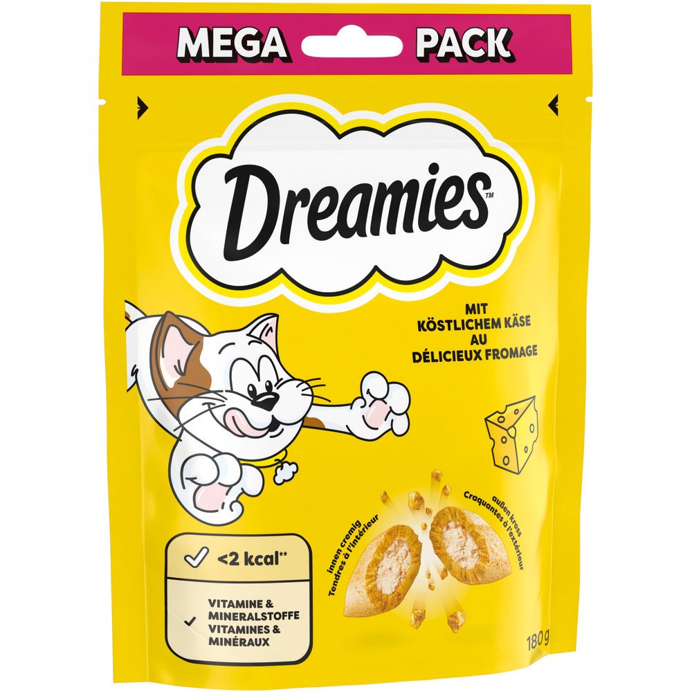 Dreamies Mega Pack Katzenfutter mit Käsegeschmack, 180g Beutel mit Comic-Katze und Snack-Abbildung.