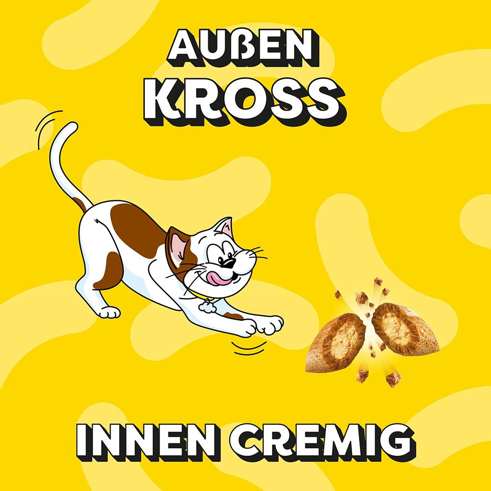 Dreamies Katzenfutter: Außen knusprig, innen cremig. Abgebildet sind zwei Snacks und eine Katze.