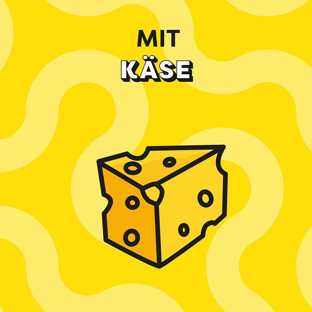 Dreamies Katzenfutter mit Käse. Abgebildet ist ein Stück Käse auf gelbem Hintergrund.