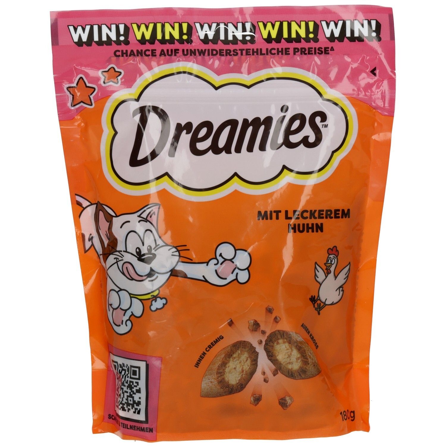 Dreamies Mega Pack Katzenfutter mit Huhn, 180g Beutel mit QR-Code.