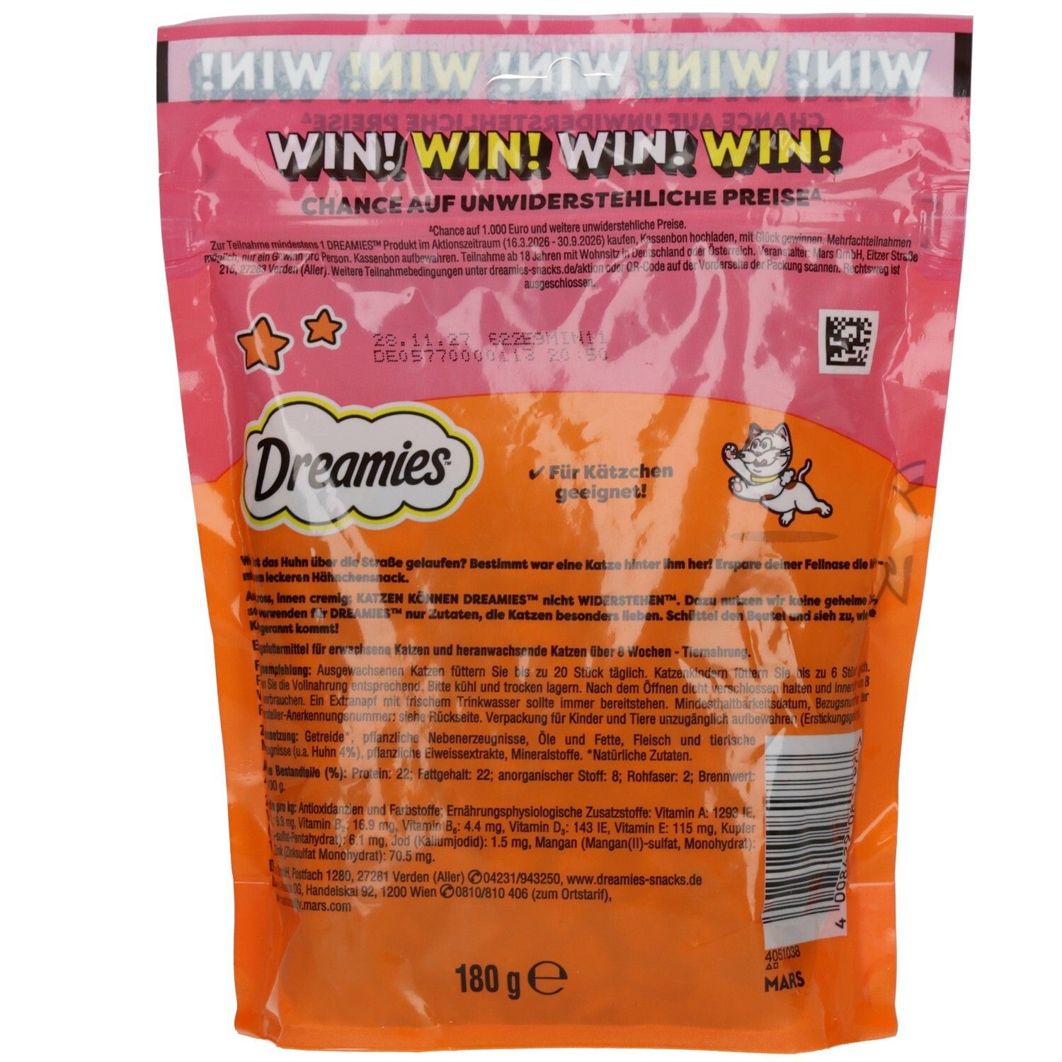 Dreamies Mega Pack Katzenfutter mit Huhn, Rückseite mit Gewinnspiel-Hinweis.
