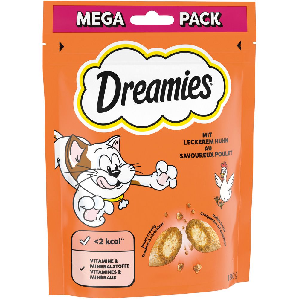 Dreamies Mega Pack Katzenfutter mit Huhn, 180g Beutel mit Comic-Katze und Huhn.