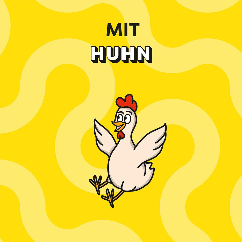 Dreamies Katzenfutter mit Huhn. Comic-Huhn auf gelbem Hintergrund.