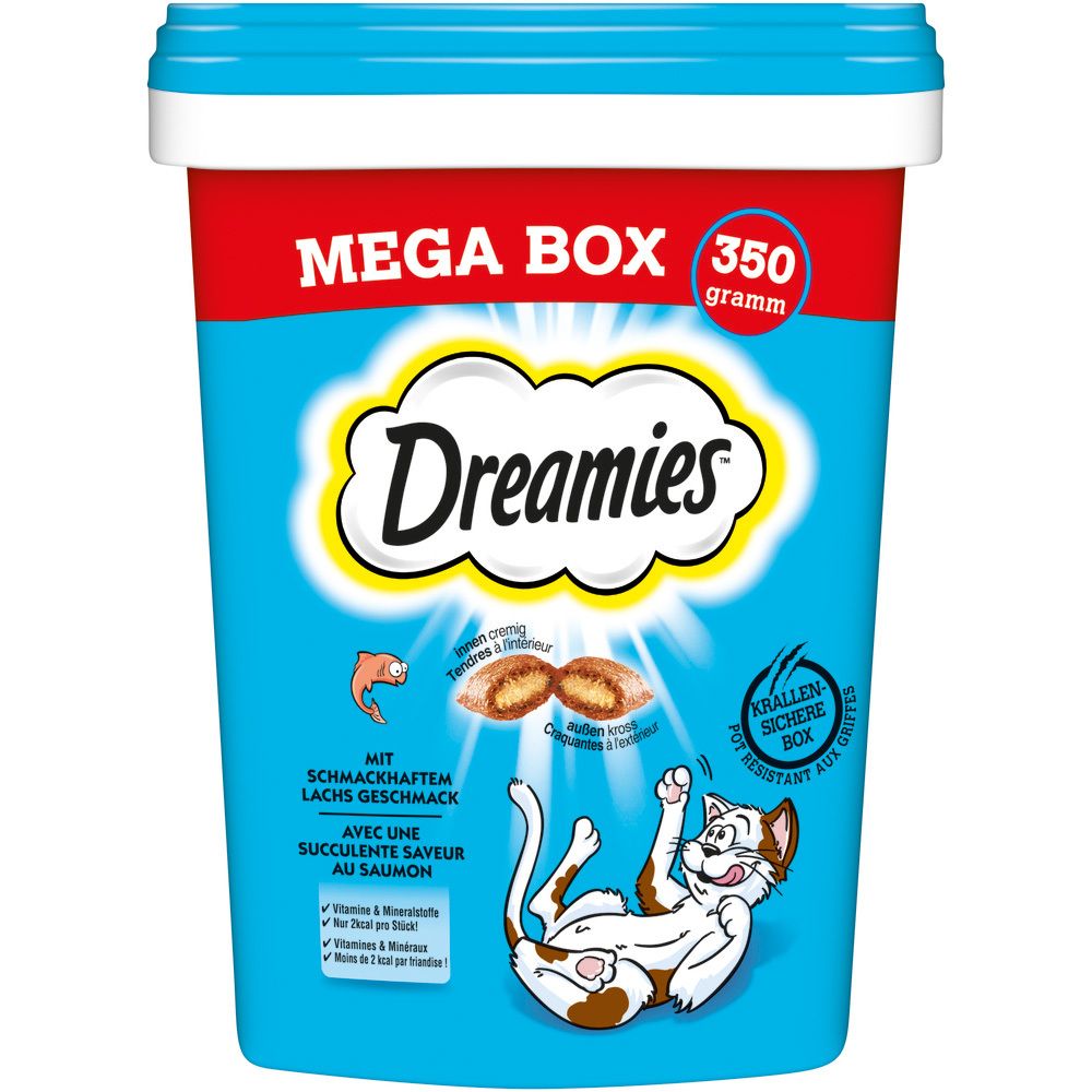Dreamies Mega Box mit Lachs, 350g. Blaue Dose mit Katze und Fisch-Motiv.