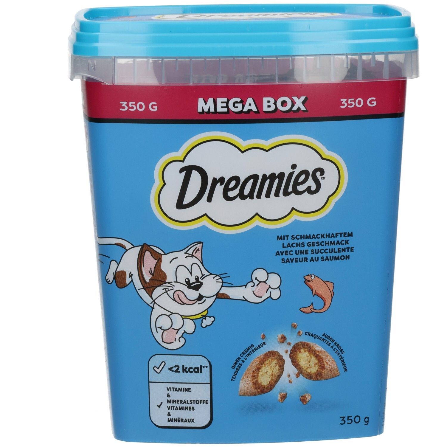 Dreamies Mega Box mit Lachs, 350g. Vorderseite der blauen Dose mit Katze und Fisch-Motiv.
