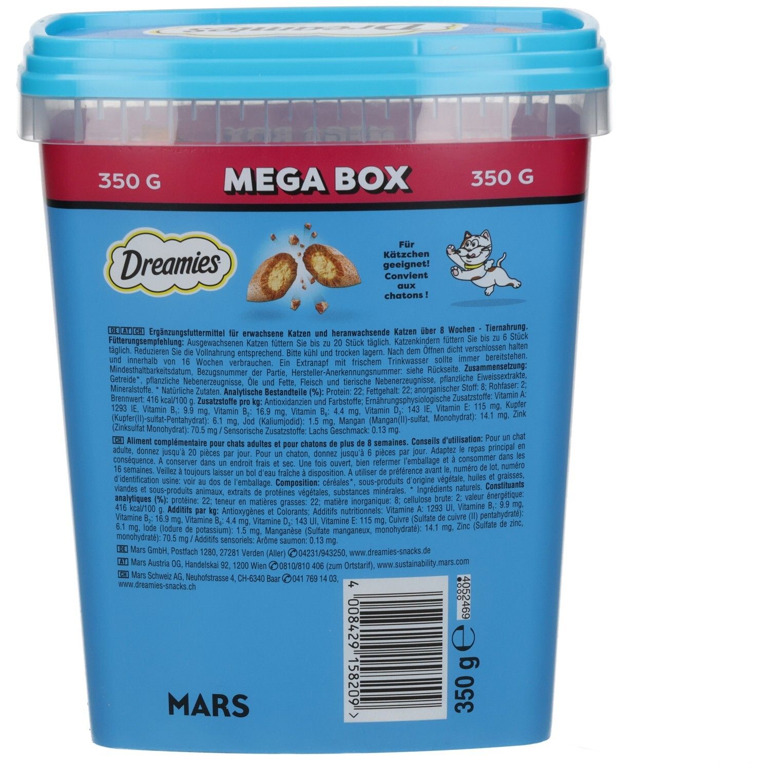 Dreamies Mega Box mit Lachs, 350g. Rückseite der blauen Dose mit Nährwertangaben.