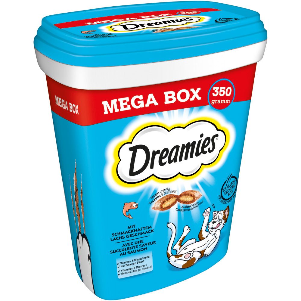 Dreamies Mega Box mit Lachs, 350g. Schrägansicht der blauen Dose mit Katze und Fisch-Motiv.