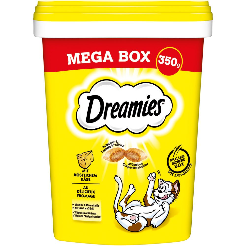Dreamies Mega Box mit Käse, 350g. Gelbe Verpackung mit Katze und Käse-Motiv.