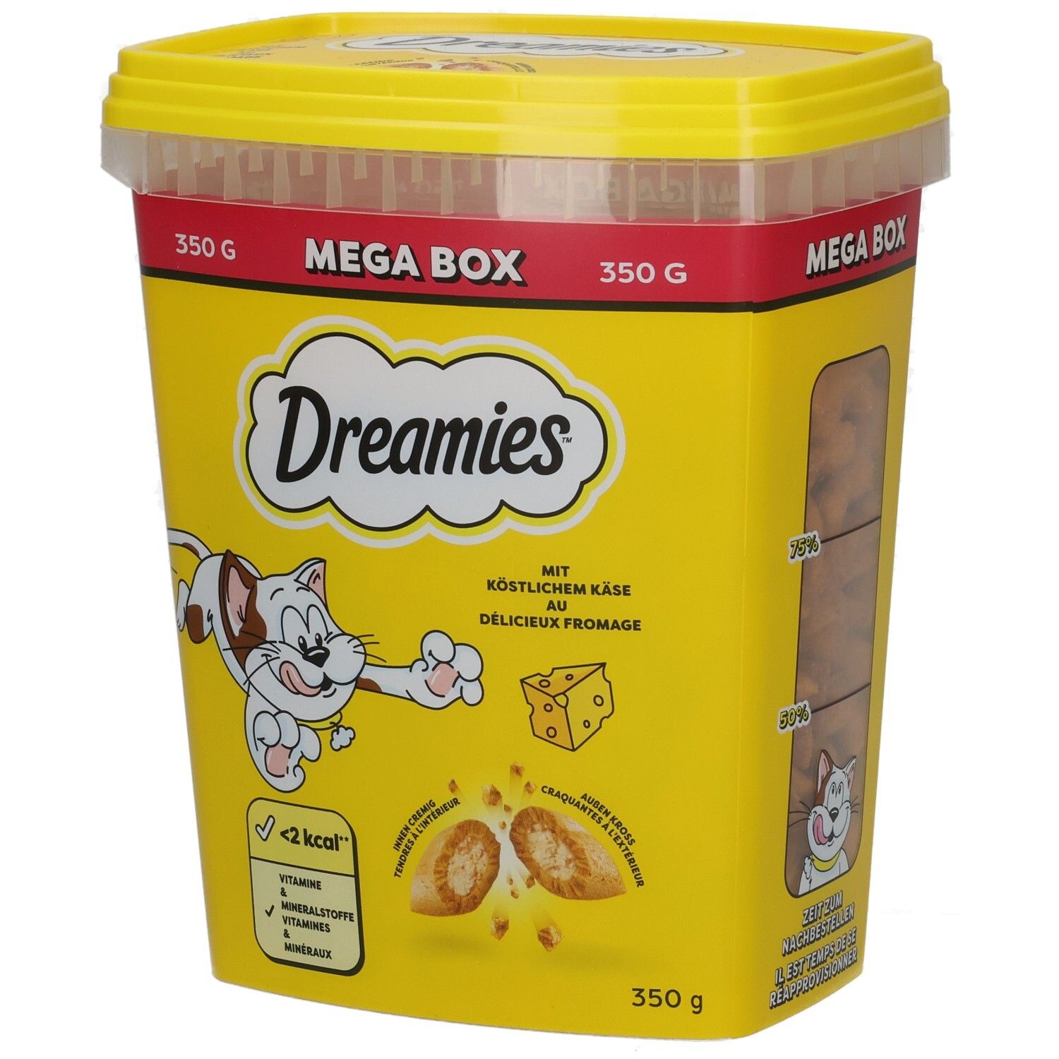 Dreamies Mega Box mit Käse, 350g. Vorderseite mit Katze, Käse und Produktinformationen.