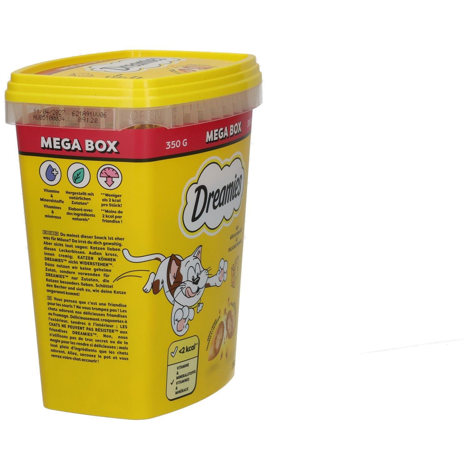 Dreamies Mega Box mit Käse, 350g. Seitenansicht mit detaillierten Produktinformationen.