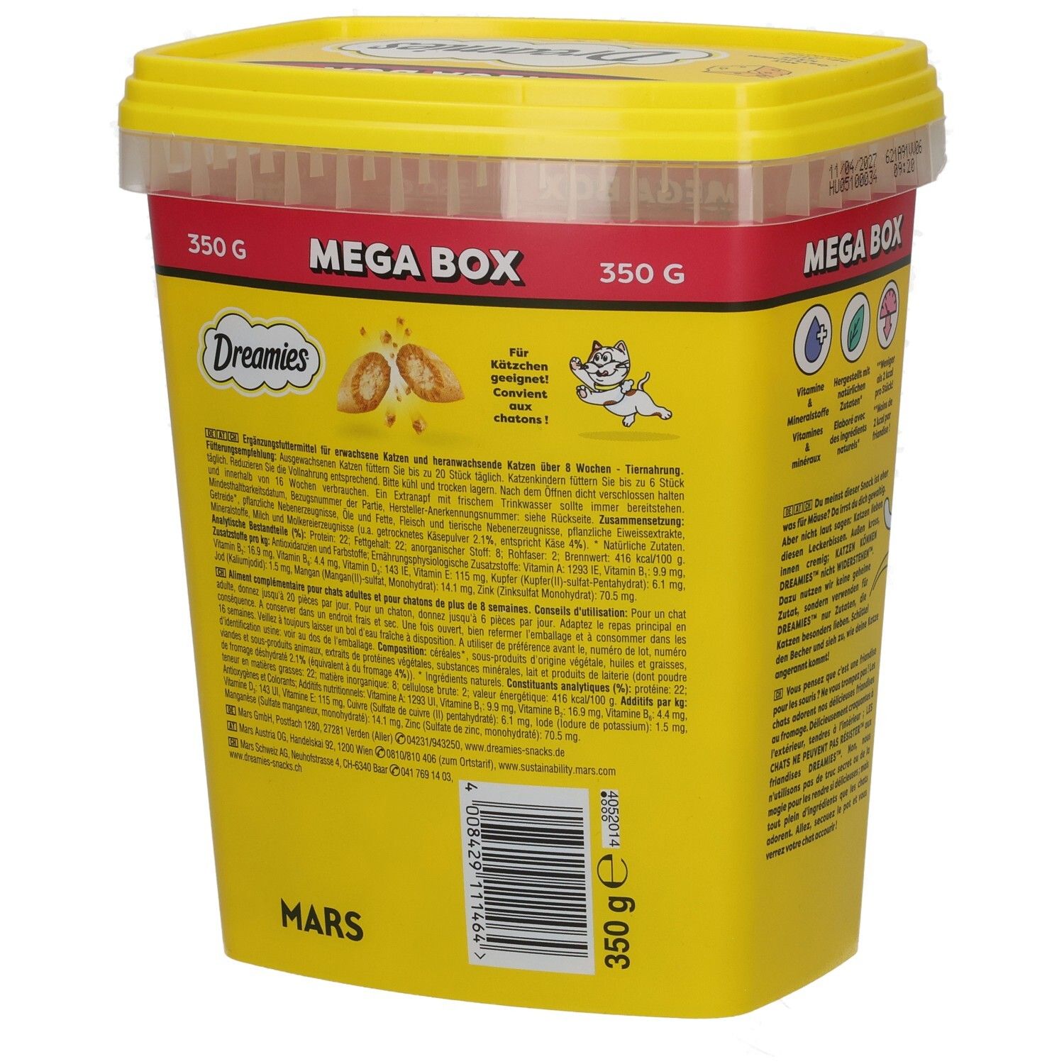 Dreamies Mega Box mit Käse, 350g. Rückseite mit detaillierten Informationen und Barcode.