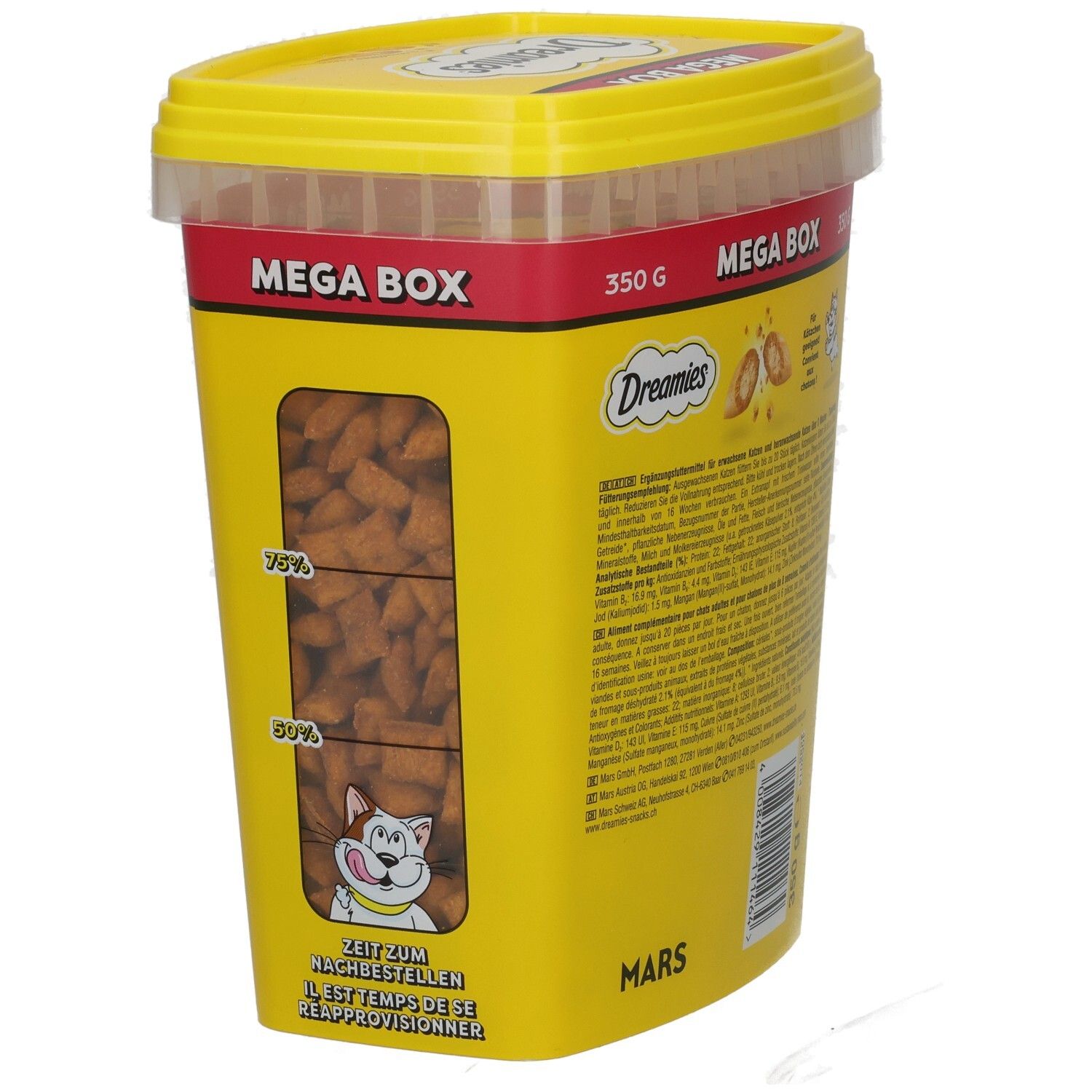 Dreamies Mega Box mit Käse, 350g. Seitenansicht mit Füllstandsanzeige und Produktinfos.