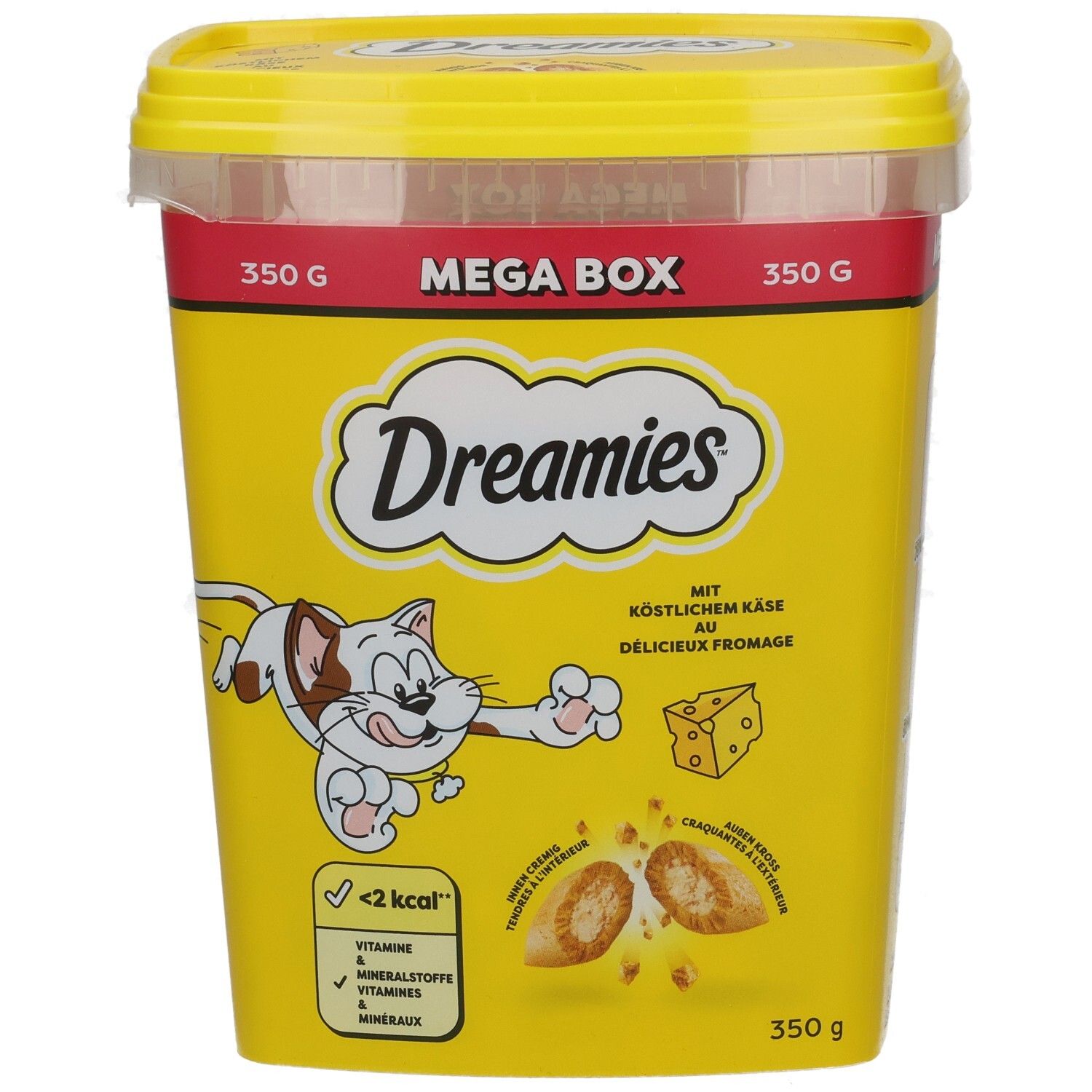 Dreamies Mega Box mit Käse, 350g. Vorderseite mit Katze, Käse und Nährwertangaben.