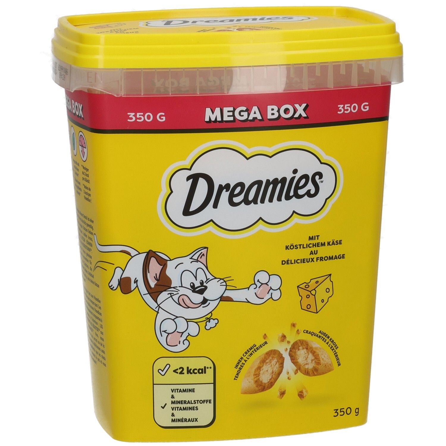 Dreamies Mega Box mit Käse, 350g. Vorderseite mit Katze, Käse und Nährwertangaben.