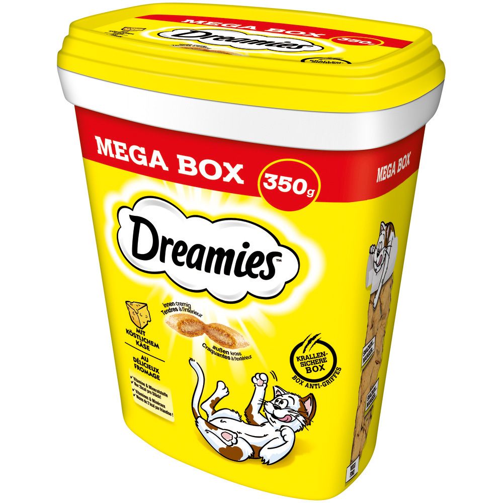 Dreamies Mega Box mit Käse, 350g. Seitenansicht der gelben Verpackung mit Katze.