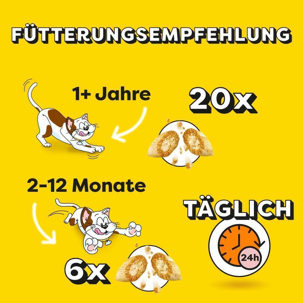 Dreamies Fütterungsempfehlung: Für Katzen ab 1 Jahr 20x täglich, 2-12 Monate 6x täglich.