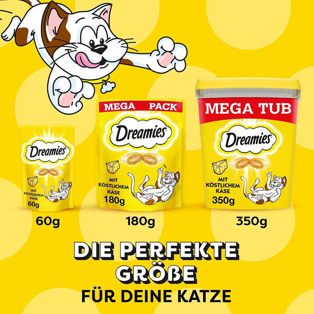 Dreamies Größenvergleich: 60g Beutel, 180g Mega Pack, 350g Mega Tub.