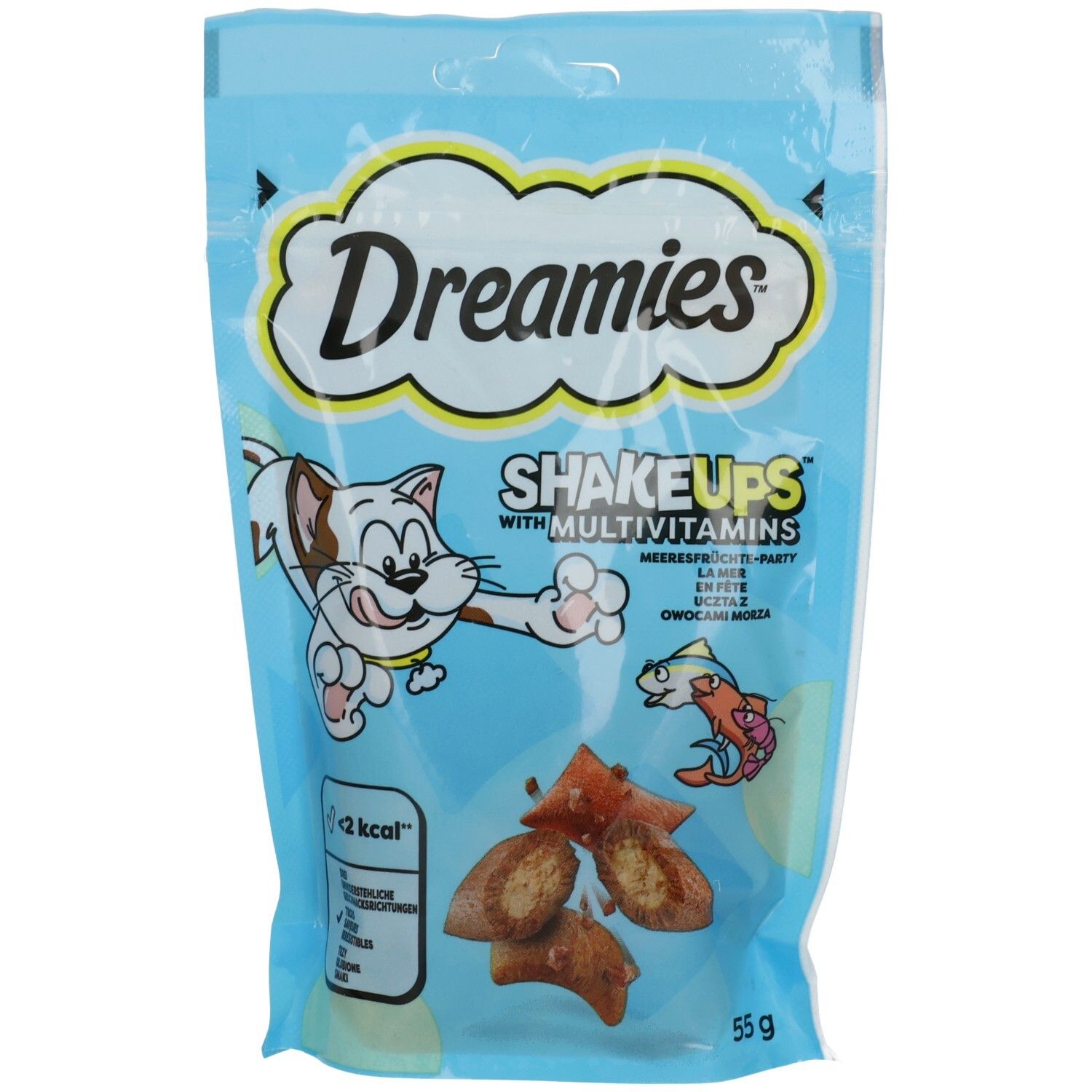 Dreamies Shake Ups Multivitamine Meeresfrüchte-Party Katzenfutter-Beutel, 55g.