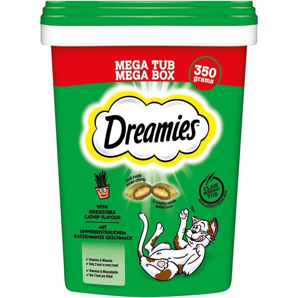 Große grüne Dose Dreamies Katzenfutter mit 350g Inhalt und Katzenmotiv.