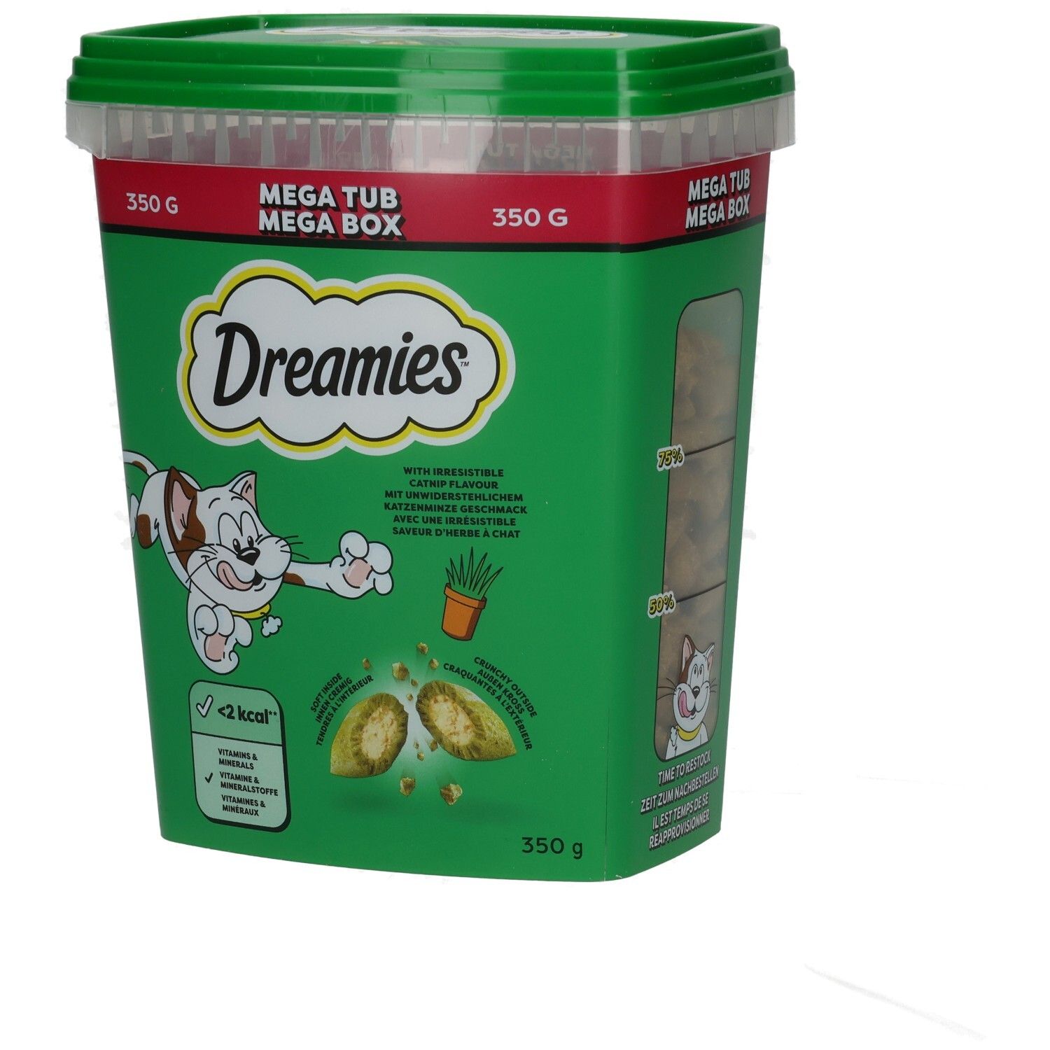 Grüne Dreamies Mega Box mit 350g Katzenfutter und Sichtfenster.