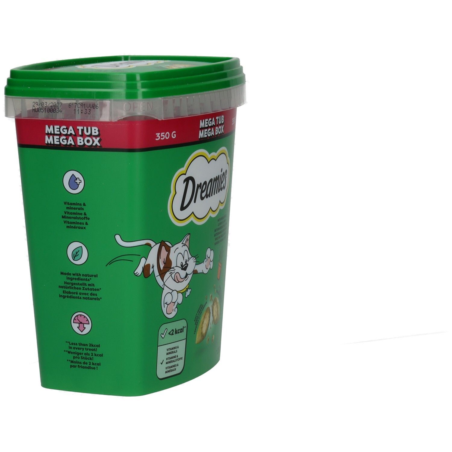 Rückseite der grünen Dreamies Mega Box mit 350g Inhalt und Produktinformationen.