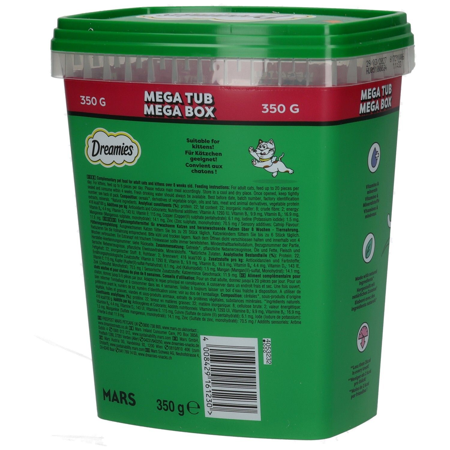 Seitenansicht der grünen Dreamies Mega Box mit 350g Katzenfutter und Sichtfenster.