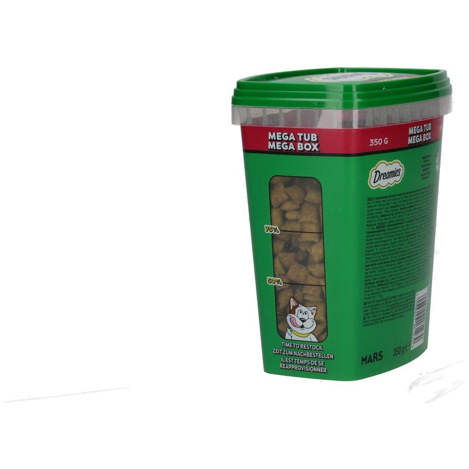 Vorderseite der grünen Dreamies Mega Box mit 350g Inhalt und Katzenmotiv.