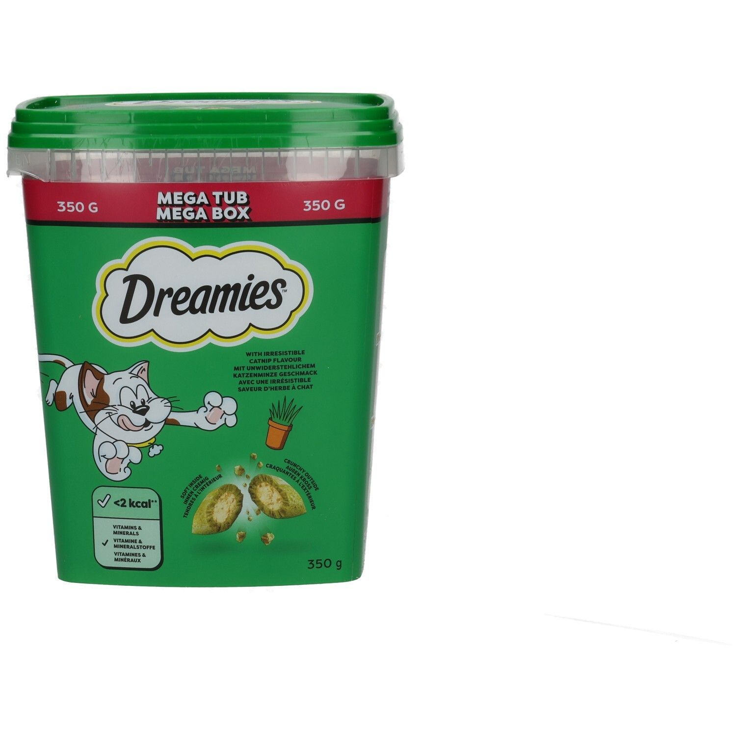 Detailansicht der grünen Dreamies Mega Box mit 350g Katzenfutter.