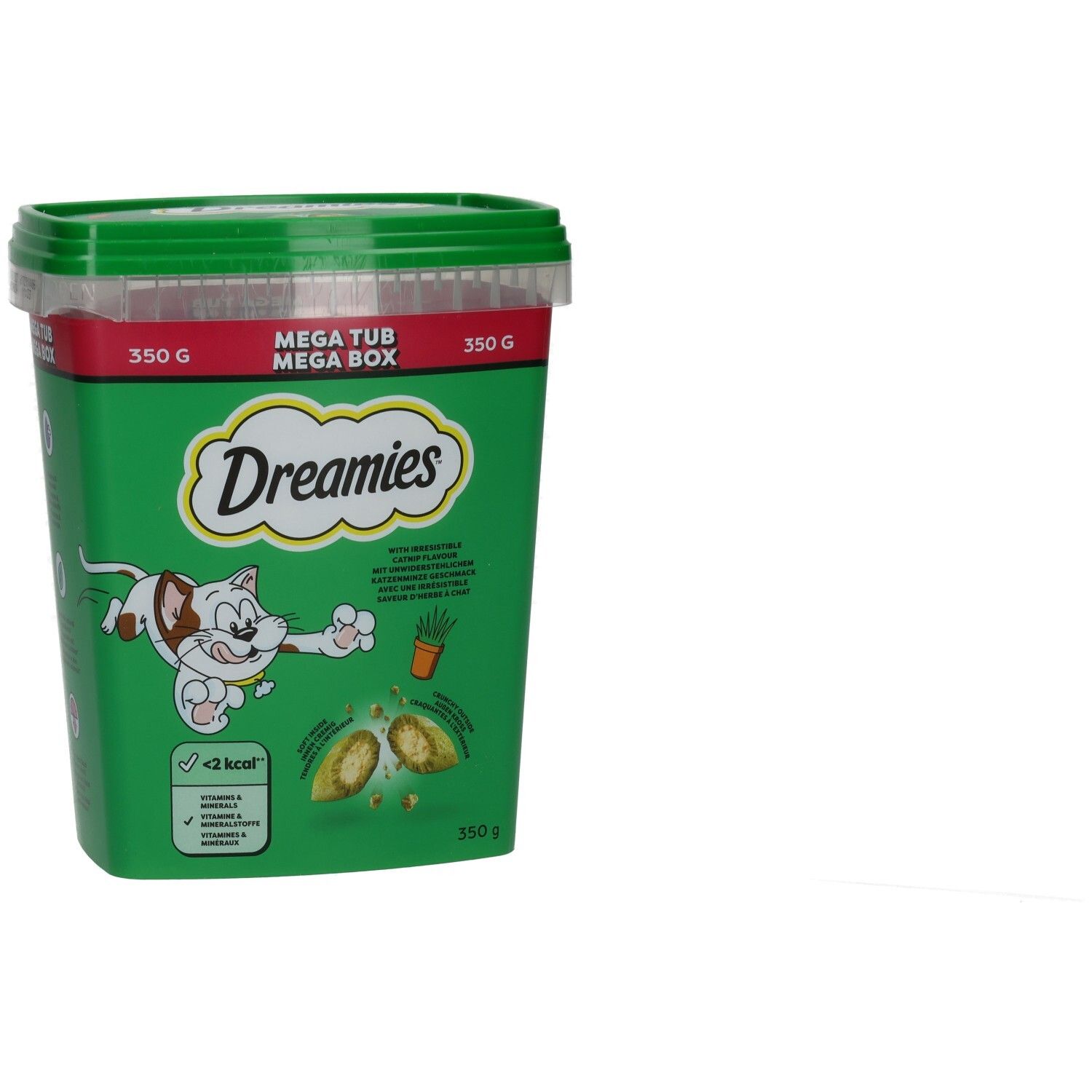 Grüne Dreamies Mega Box mit 350g Katzenfutter, Vorderseite.