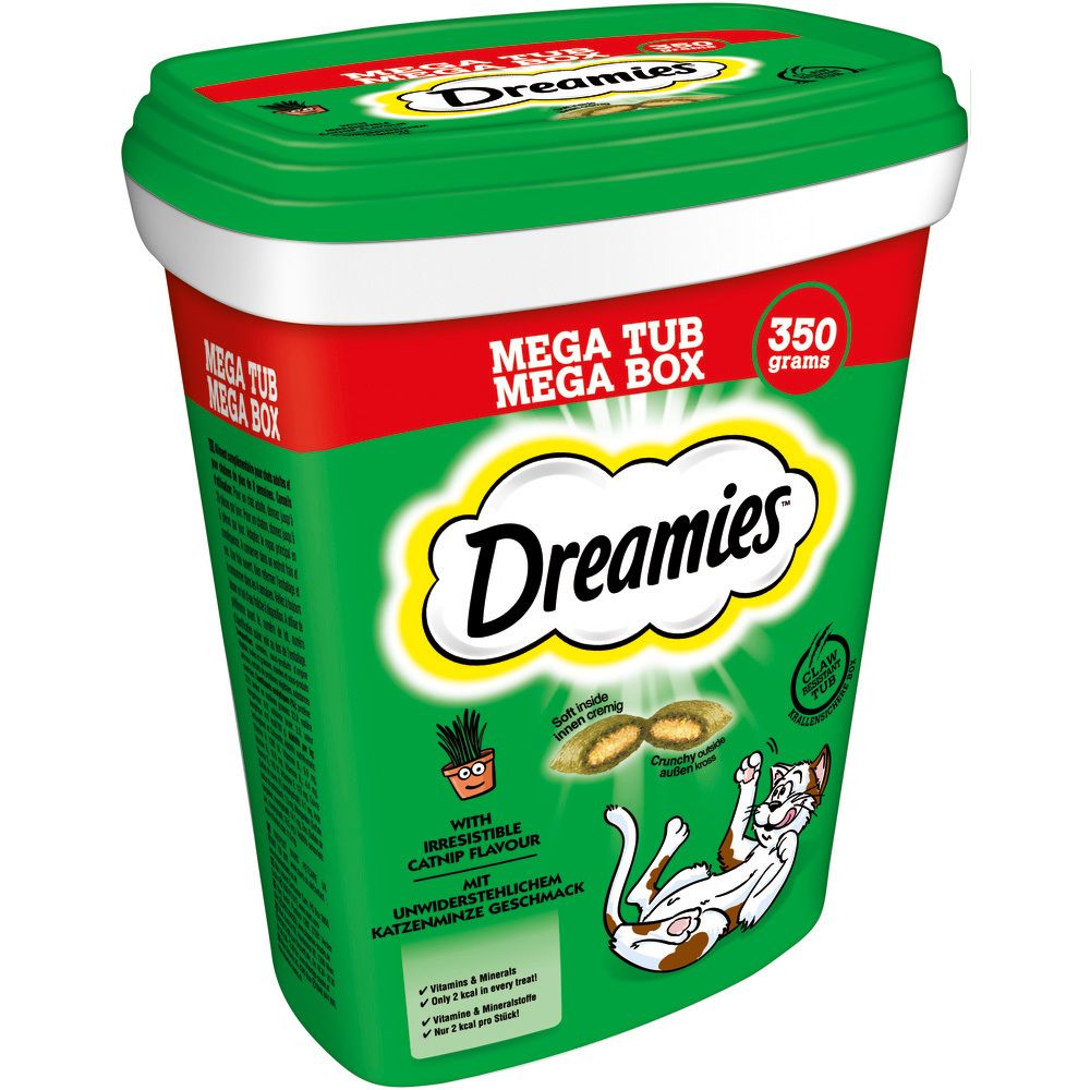 Schräge Ansicht der grünen Dreamies Mega Box mit 350g Katzenfutter.