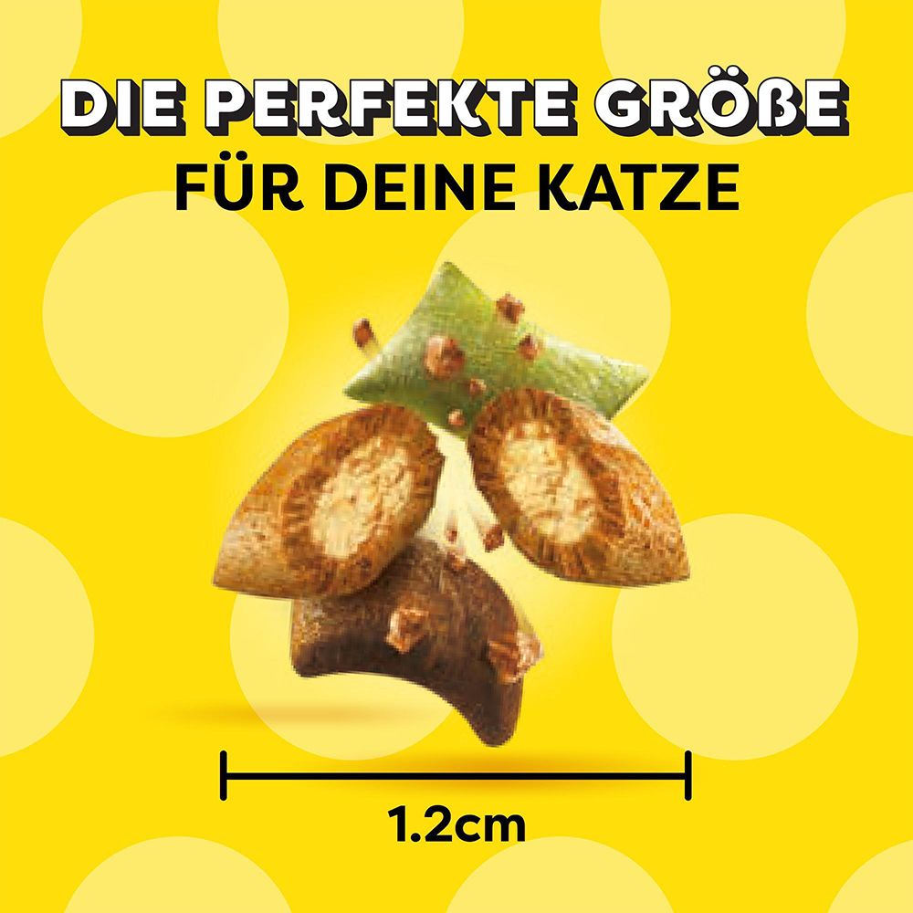 Dreamies ShakeUps Katzenfutter-Snacks, 1.2cm groß, mit Huhn, Ente und Katzenminze.