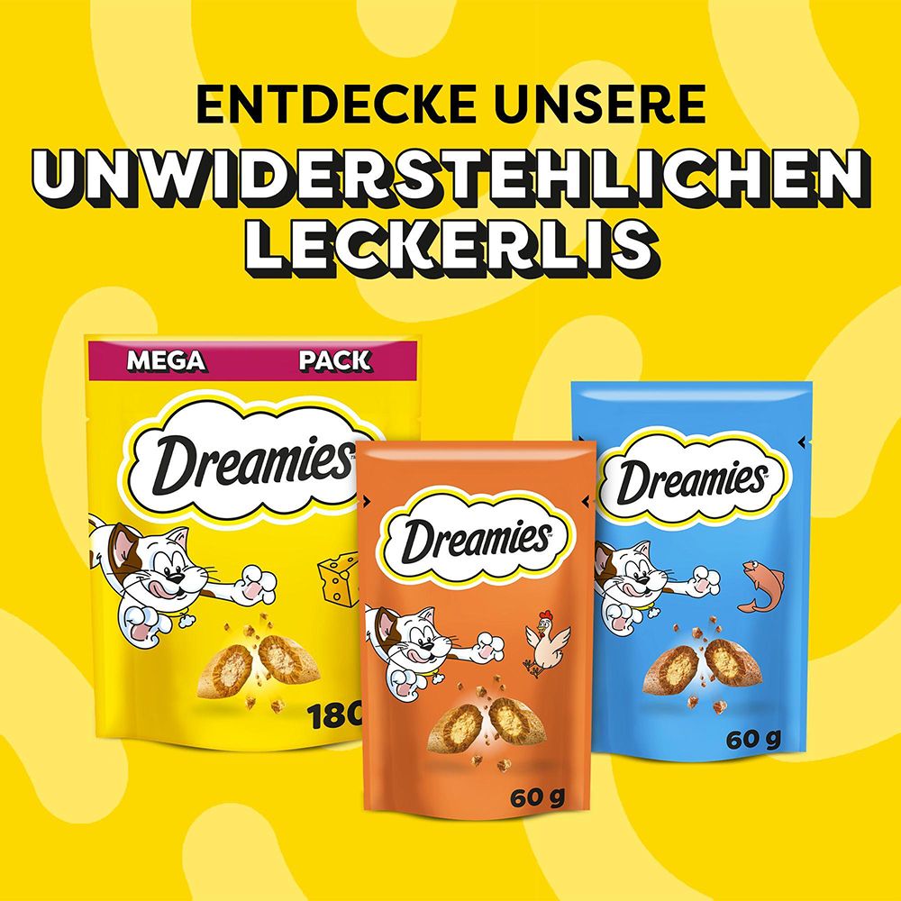 Dreamies Katzenfutter-Sorten: Mega Pack, Geflügel Picknick, 55g und 60g.