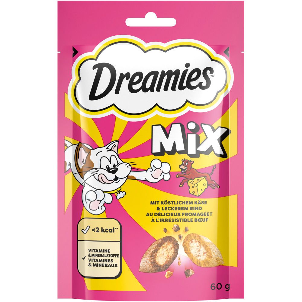 Dreamies Snacks Mix mit Käse & Rind: Katzenfutter-Tüte mit Katze und Maus-Illustration, 60g.