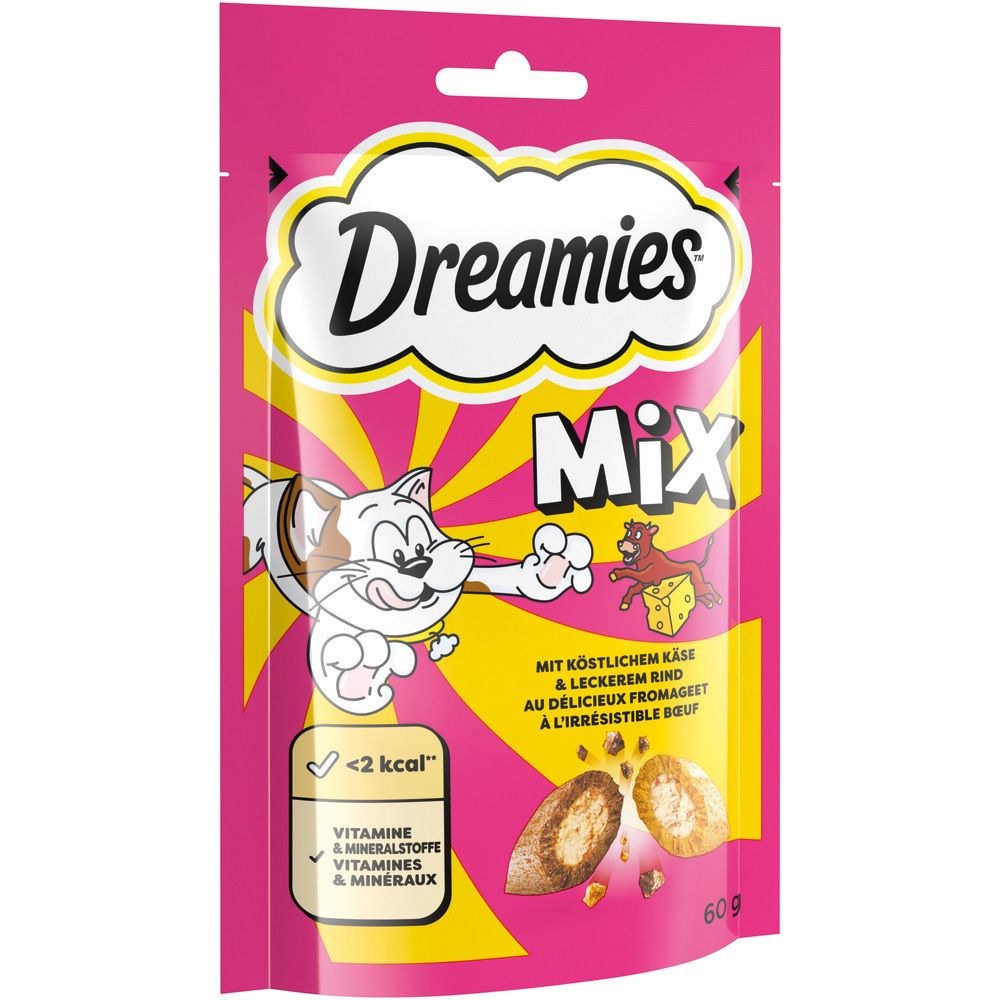 Dreamies Snacks Mix mit Käse & Rind: Katzenfutter-Tüte mit Katze und Maus-Illustration, 60g.